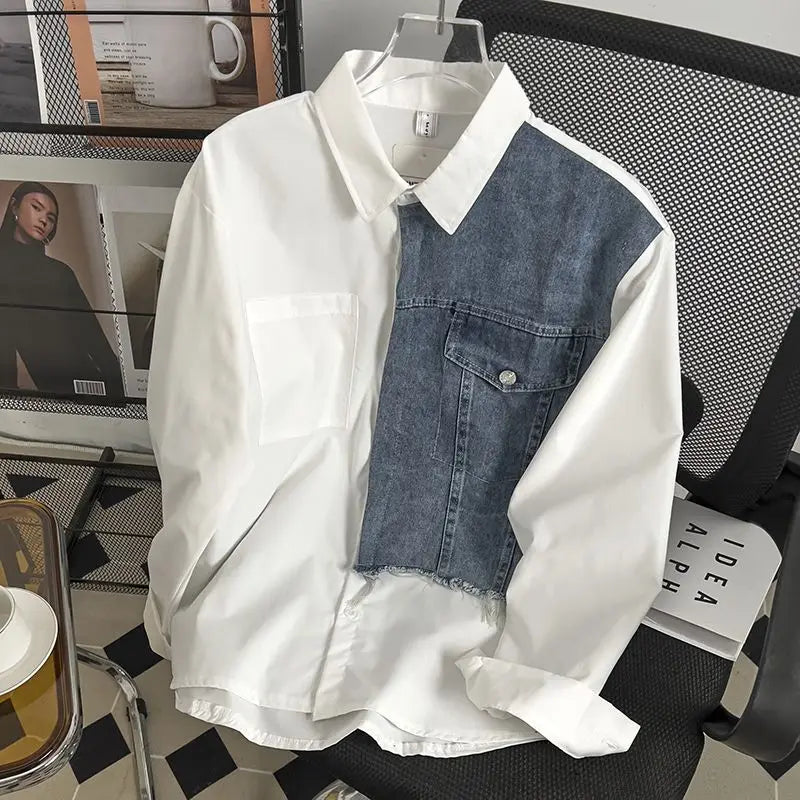 Threebooy Japanese High-end Denim Jacket Spliced Long-sleeved Shirt Men's Niche Design Sense High Street Couple Loose Casual White Shirt