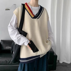 Threebooy Knitwear Fashion Sweater Vest Men Casual Sleeveless Short Solid Color Mens V-Neck Loose Men's Knitted Winter Clothes