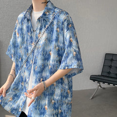 Threebooy Men Ice Silk Smooth Shirt Spring Summer Thin Luxury Loose Korean Casual Shirt Beach Trendy Floral Draping Shirts Plus Size 5XL-M
