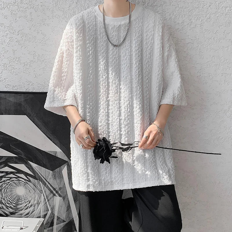 Threebooy Vertical Stripe Pleated T Shirt For Men Summer Short Sleeve Plain T-Shirt Fashion TShirts Round Collar Sports Top Tees White