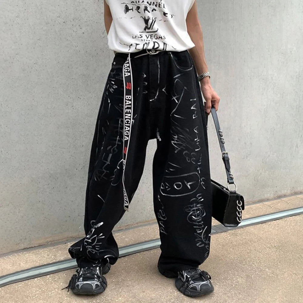 Threebooy 2024 Spring And Autumn Men's Casual Pants Fashionable Trendy Y2k Hip-Hop High Street Graffiti Printed American Vintage Trousers