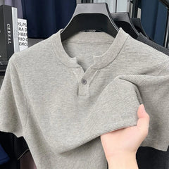 Threebooy  New Men Luxury Chinese O Collar T-Shirt Leisure Slim Button-down Solid Color Short Sleeve Tops Summer Breathable Basic Knitwear