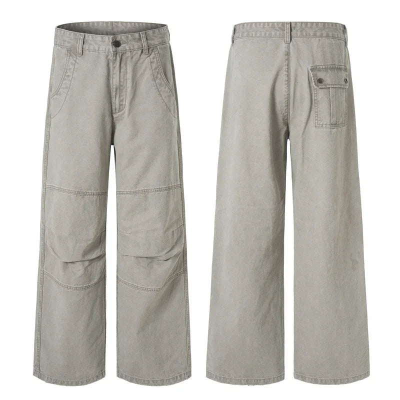 Threebooy 100% Cotton Autumn Men's Loose Trousers Oversized Fashion Spliced Hip Hop Streetwear Wide Legs Baggy Cargo Trousers