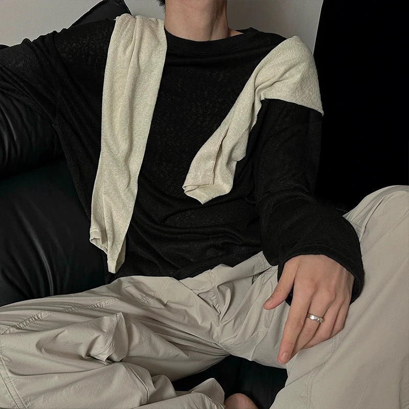 Threebooy  Autumn Laid-back Style Draping Men's T-shirt Luxury Korean Popular O Neck Long Sleeve Tees Leisure Loose Lightweight Basic Shirt