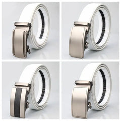 Threebooy  New Fashion 3.5cm Width White Ratchet Belt For Men Genuine Leather Automatic Buckle Casual Trouser Belts Strap 100-130cm