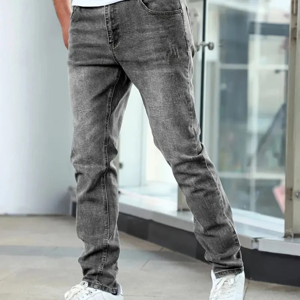 Threebooy  1pc Men'S Casual Slim Fit Stretch Jeans, Chic Street Style Distressed Denim Pants