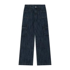 Threebooy Korean Retro Men'S Loose Wide Leg Jeans High Street Straight Leg Pants Casual Jeans Multi Pocket Work Pants