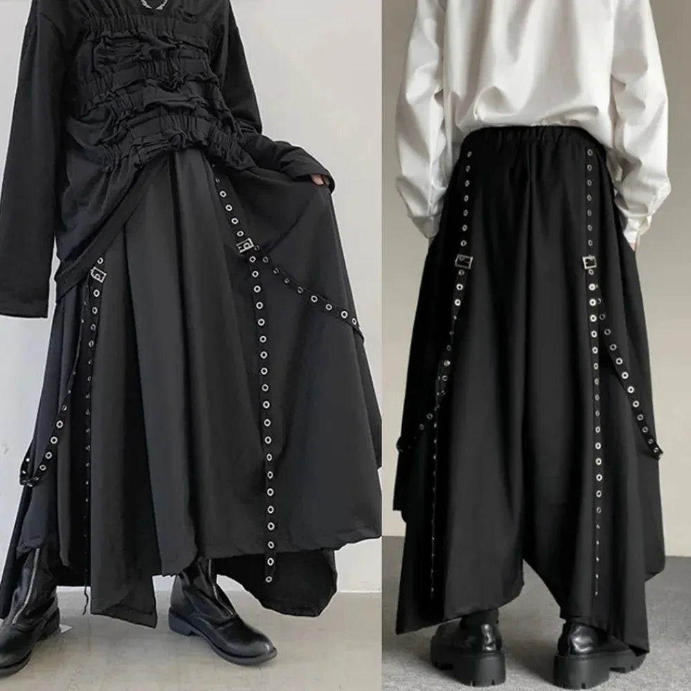 Threebooy Mens Gothic Rope Belt Decorated Irregular Skirt Pants Genderless Fashion Japanese Style Niche Dark Samurai Pants Hakama Unisex