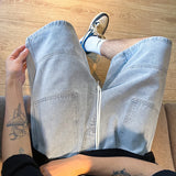 Threebooy Summer New High Street Casual Versatile Denim Capris Elastic Waist Men's Korean Style Loose Wide Leg Large Pocket Shorts