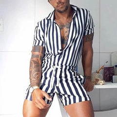 Threebooy Fashion Men Striped Rompers Short Sleeve Button Shorts Lapel Jumpsuit Drawstring Streetwear 2024 Casual Playsuit Hombre