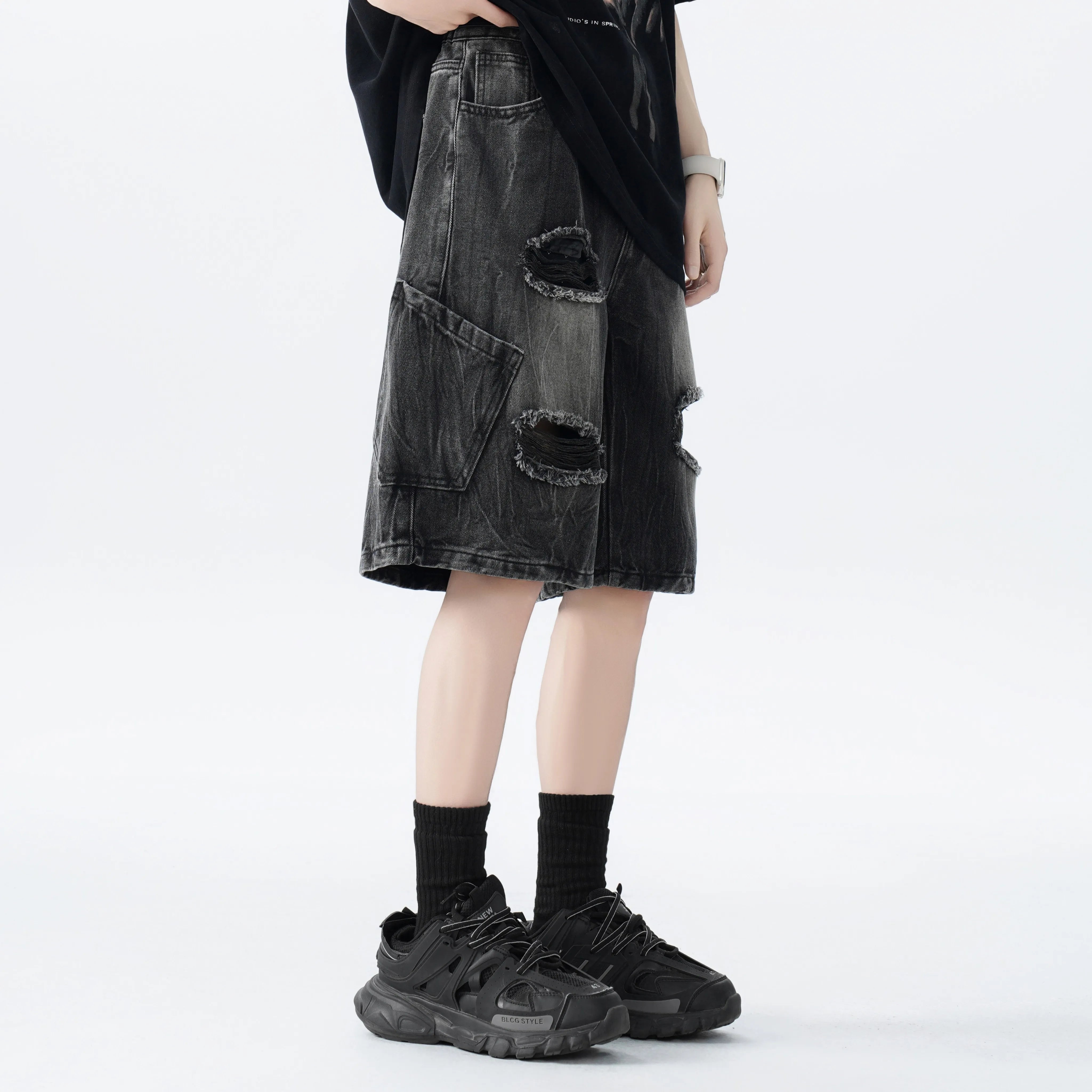 Threebooy  Distressed Denim Shorts mens Ripped Pocket Streetwear Summer Fashion Trendy Urban Vintage Casual Women Men Comfort Stylis