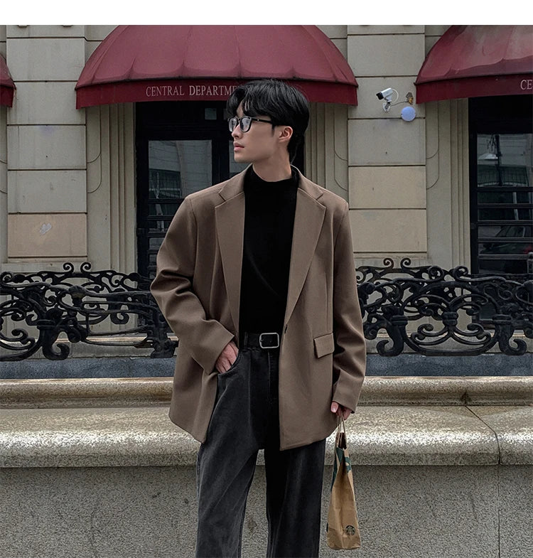 Threebooy Oversized Korean Style Men's Loose Casual Small Suit, Men's 2024 Autumn New Padded Shoulder Suit Jacket Unisex Top