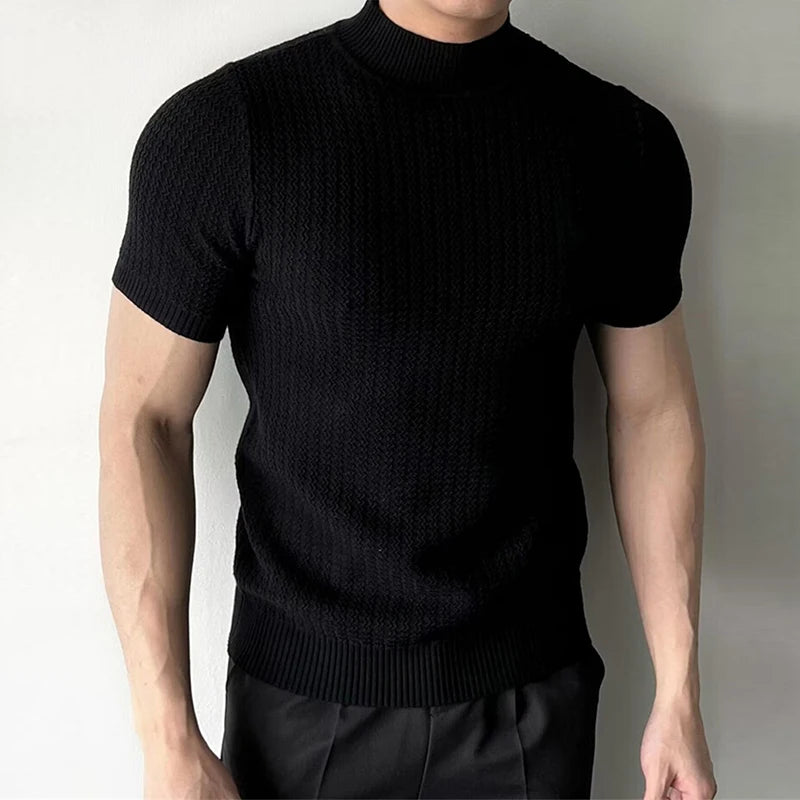 Threebooy  Men's Clothing Fashion Jacquarded Tops Luxury High Quality Knit O Neck Short-sleeved T-shirt Leisure Popular Retro Slim Knitwear