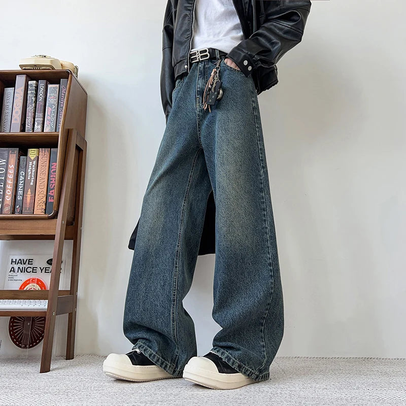 Threebooy Men's Wide Leg Curved-Knife Jeans Summer American Bamboo Pattern Striped Texture Design Men Trendy Denim Pants 2025 Baggy Jeans