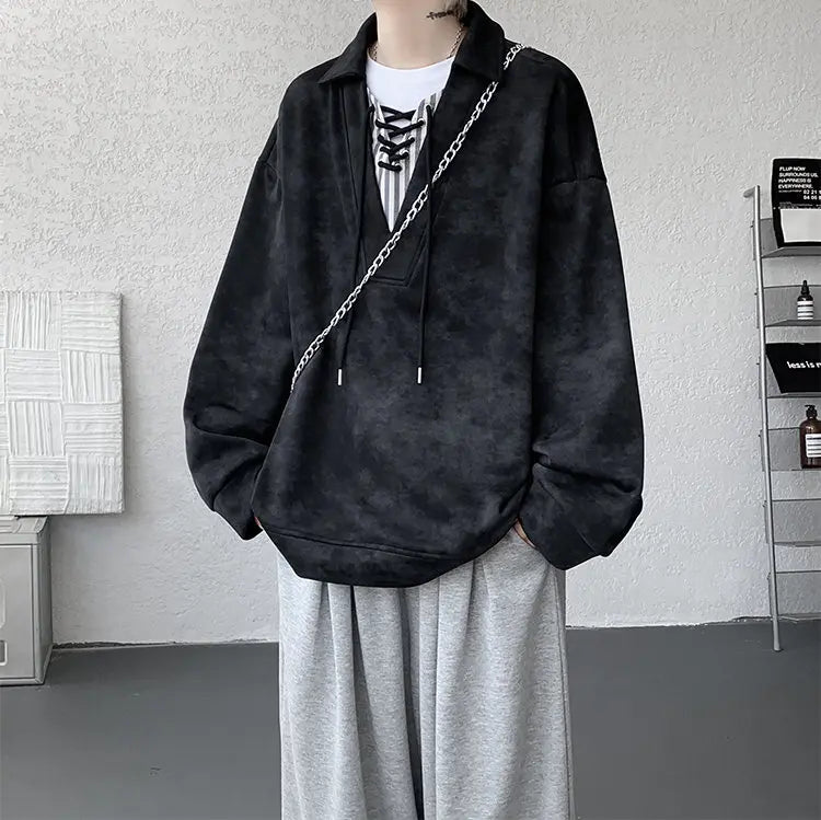 Threebooy Collar Sweatshirt Mens Layered V Neck Pullover Fake Two Piece Streetwear Casual Hoodie Jacket Fall 2025 New Tie Dye Design