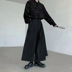 Threebooy Mens Culottes Y2k Irregular Button Double-Layer Stitching Samurai Skirt Gothic Streetwear Casual Versatile Hakama Men'S Clothing