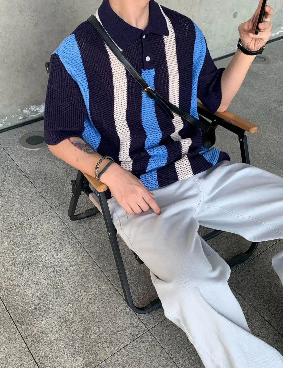 Threebooy Summer Hip Hop Men and Women Trendy Personalized Hollow Stripe Color blocked Knitted Polo Shirt Korean Casual Short Sleeve y2k