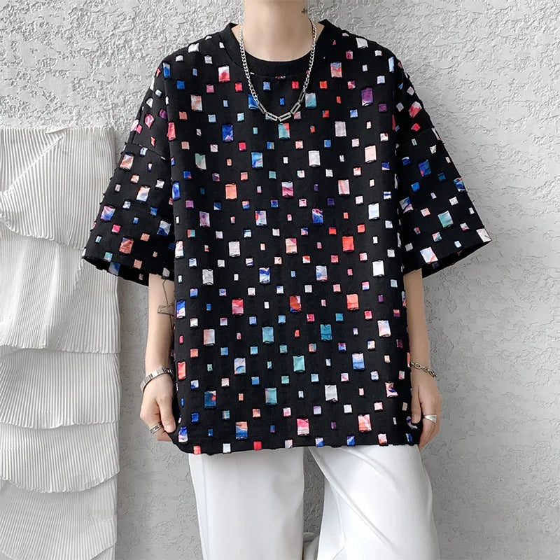 Threebooy  Summer Short Sleeved T-shirt Men Fashion Oversized Plaid T Shirt Men Streetwear Hip Hop Loose Hollow Out Tshirt Mens Large Size