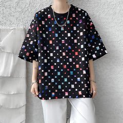 Threebooy  Summer Short Sleeved T-shirt Men Fashion Oversized Plaid T Shirt Men Streetwear Hip Hop Loose Hollow Out Tshirt Mens Large Size