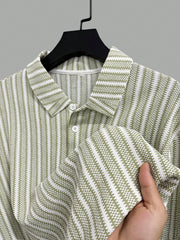 Threebooy  Men's Summer Knitted Striped Lapel Short Sleeved Polo Shirt Comfortable and Fashionable Polo Shirt Suitable for Daily Wear
