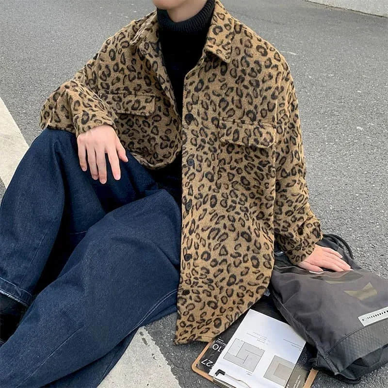 Threebooy Retro leopard print casual jacket men's autumn spring Korean trend handsome elegant temperament high street coat cool streetwear