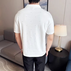 Threebooy  Summer Star Glitter Men's Short Sleeved Polo Shirt Korean Fashion Lapel Casual T-shirt Breathable Business Office Social Tee Top