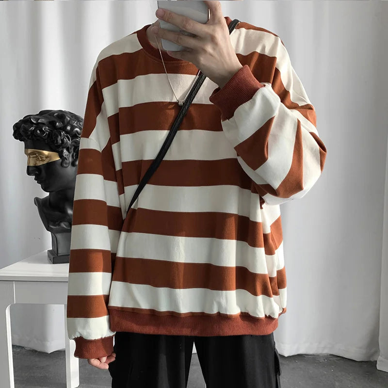 Threebooy Autumn Winter Striped Men's Korean Fashion Hoodies Youth Harajuku Retro Long Sleeve Bottoming Shirt Pullover
