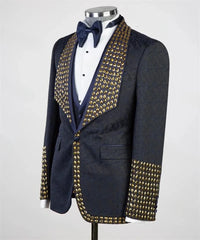 Threebooy  Men Suit Set 2 Pieces Trousers Golden Crystals Slim Fit Wedding Tuxedo Formal  Customized  For Wedding Prom