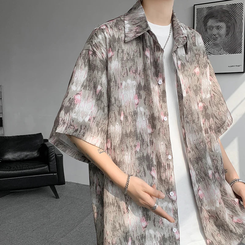 Threebooy Men Ice Silk Smooth Shirt Spring Summer Thin Luxury Loose Korean Casual Shirt Beach Trendy Floral Draping Shirts Plus Size 5XL-M