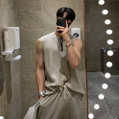 Threebooy Summer Clothing Men's Casual Tank Tops Set Luxury Korean Streetwear O Neck Solid Drape Vest+Trousers 2 Piece Suit 2024 New