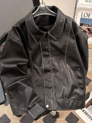 Threebooy American Retro PU Leather Jacket Boys Autumn Winter Trendy Loose Handsome Windproof Motorcycle Jacket with Lapel Leather Jacket