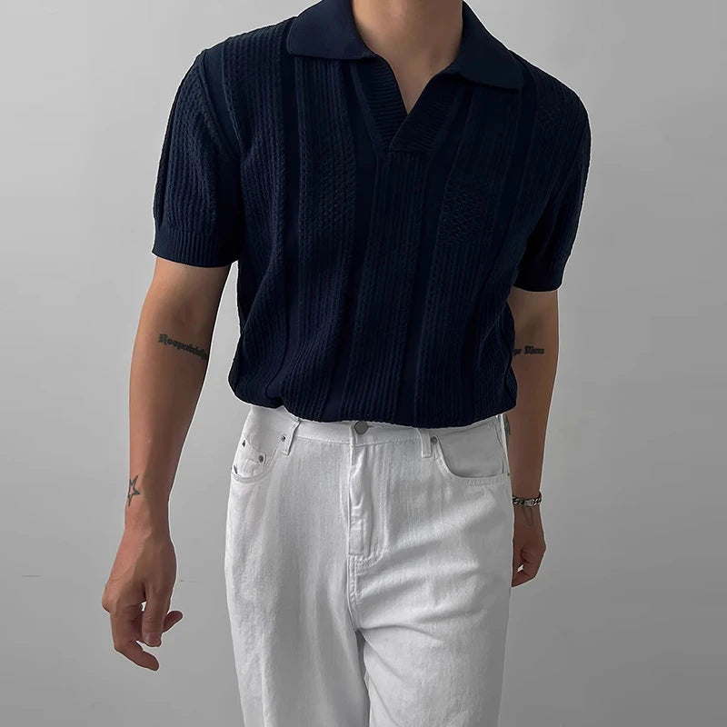 Threebooy New Fashion Men's Clothing Luxury Korean Popular Hollow Out Polo Shirt Leisure V Neck Short Sleeve Solid Color Retro Knitwear