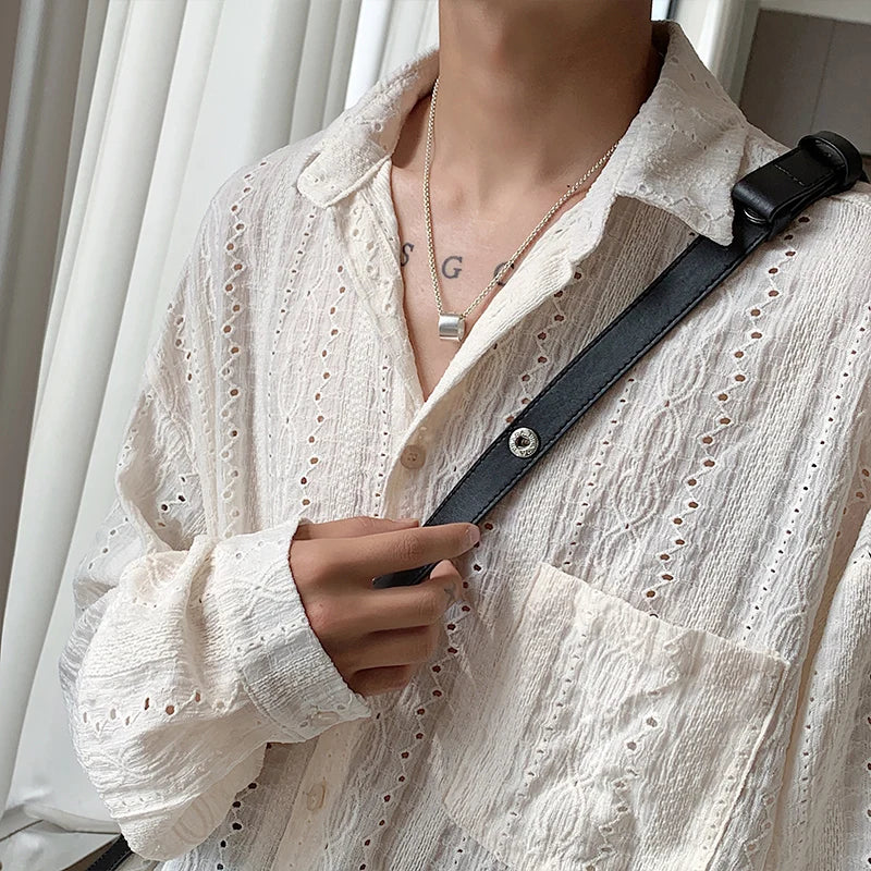 Threebooy Shirts for men Apricot Handsome Lapel Men Blouse Vacation Hollow Out Sexy Fashion Men Clothing Male Mesh Long-sleeved Shirts