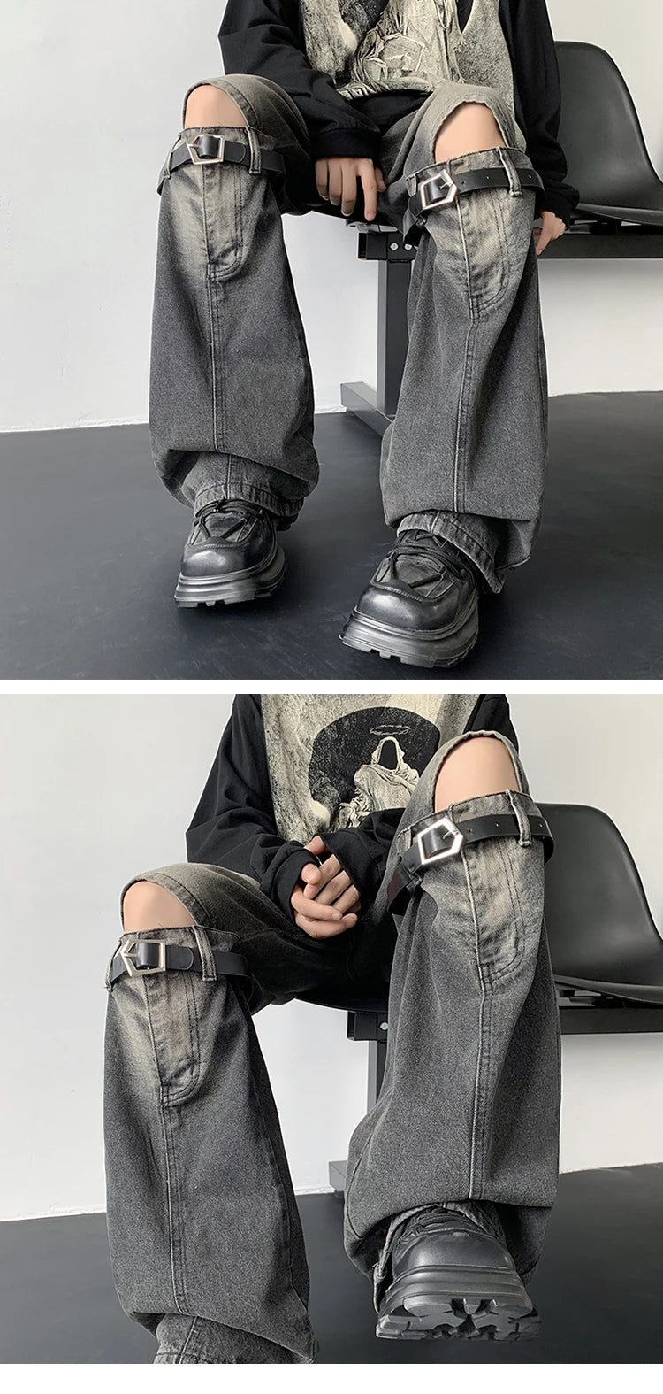 Threebooy Men's Jeans Retro Trousers Knee Holes Splicing High Street Loose Denim Trousers Flared Jeans Straps Cowboy Casual Long Pants