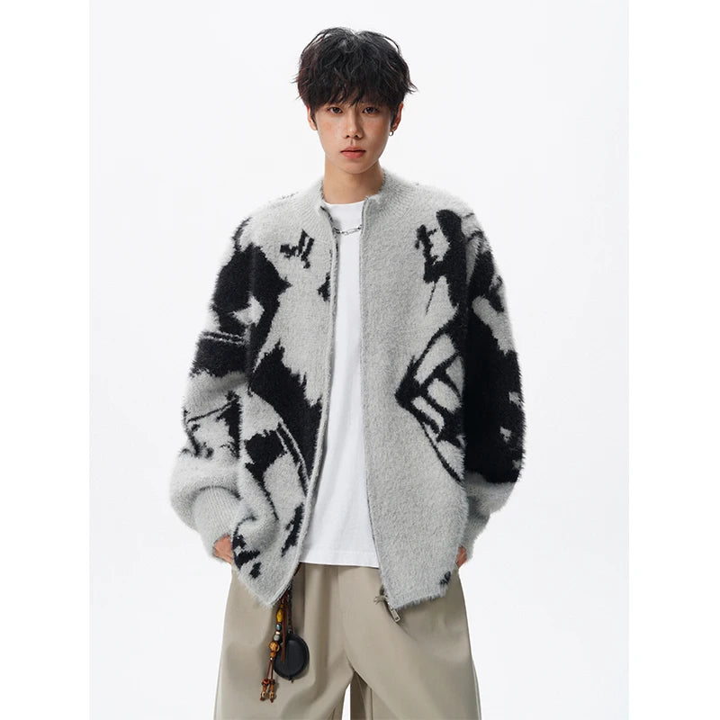 Korean men's sweater Imitation mink wool cardigan sweater 2025 Autumn Winter New Tie dye jacquard cardigan knitted sweater