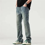 Threebooy Jeans Men's Clothing Solid Color Stretch Straight Pants Y2K Button Pocket Stitching Loose Vintage Trousers