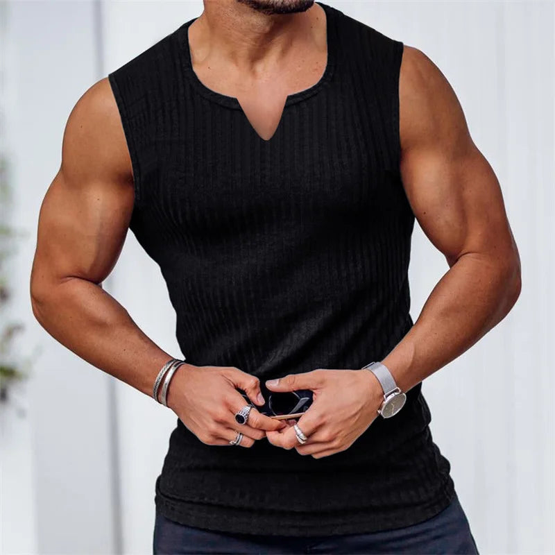 Threebooy  Summer new men V-neck Vest stripe gym Tank top Men Fitness sleeveless shirt Sports Undershirt Gyms clothing Training vest
