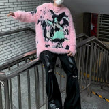 Threebooy Mens Y2k American Street Pink Graffiti Knitted Sweater Genderless Autumn Winter Fashion Casual Lazy Style Plush Top Unisex