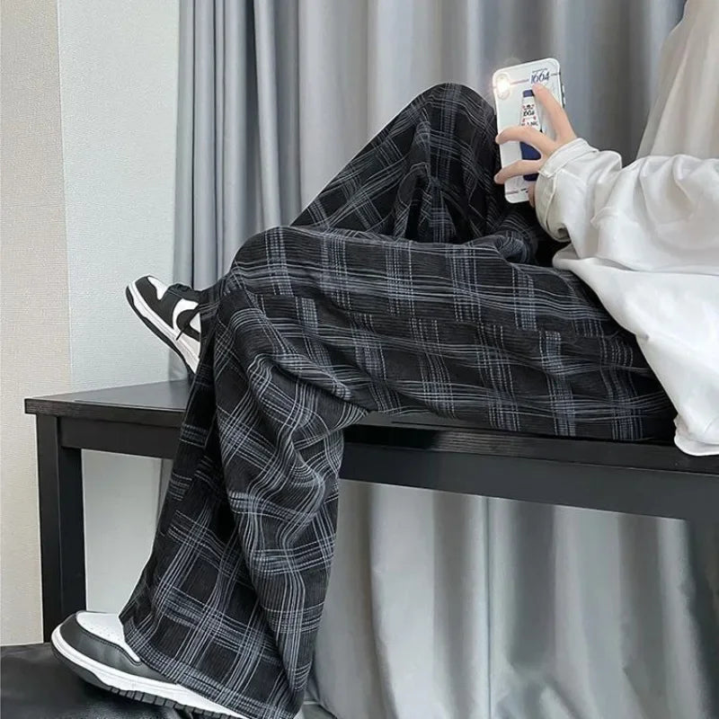 Threebooy Check Trend Plaid Baggy Trousers For Men Loose Classic Korean Style Designer Clothes Big Size Harajuku Fashion Casual Pants Man