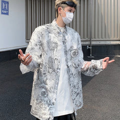 Threebooy Fashion Hollow out Printed Shirt Men Long Sleeve Transparent Casual Loose Tops Streetwear Lapel Tops Sun-proof Clothing