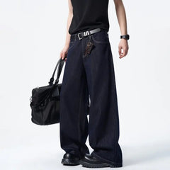 Threebooy Men Dark Blue Loose Drag Floor Length Jeans Classic Straight Leg Denim Pants Wholesale Hot Sale Minimalist Casual Streetwear