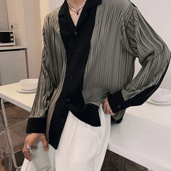 Threebooy Mens Patchwork Contrasting Pleated Long-Sleeved Shirt 2024 New Genderless British Elegant Fashion Retro Loose Shirt Unisex