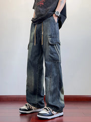 Threebooy Summer Men's Jeans Flap Pockets Lightweight Denim Cargo Pants Big Size 8XL 7XL 6XL Wide Leg Baggy Jeans Straight Trousers