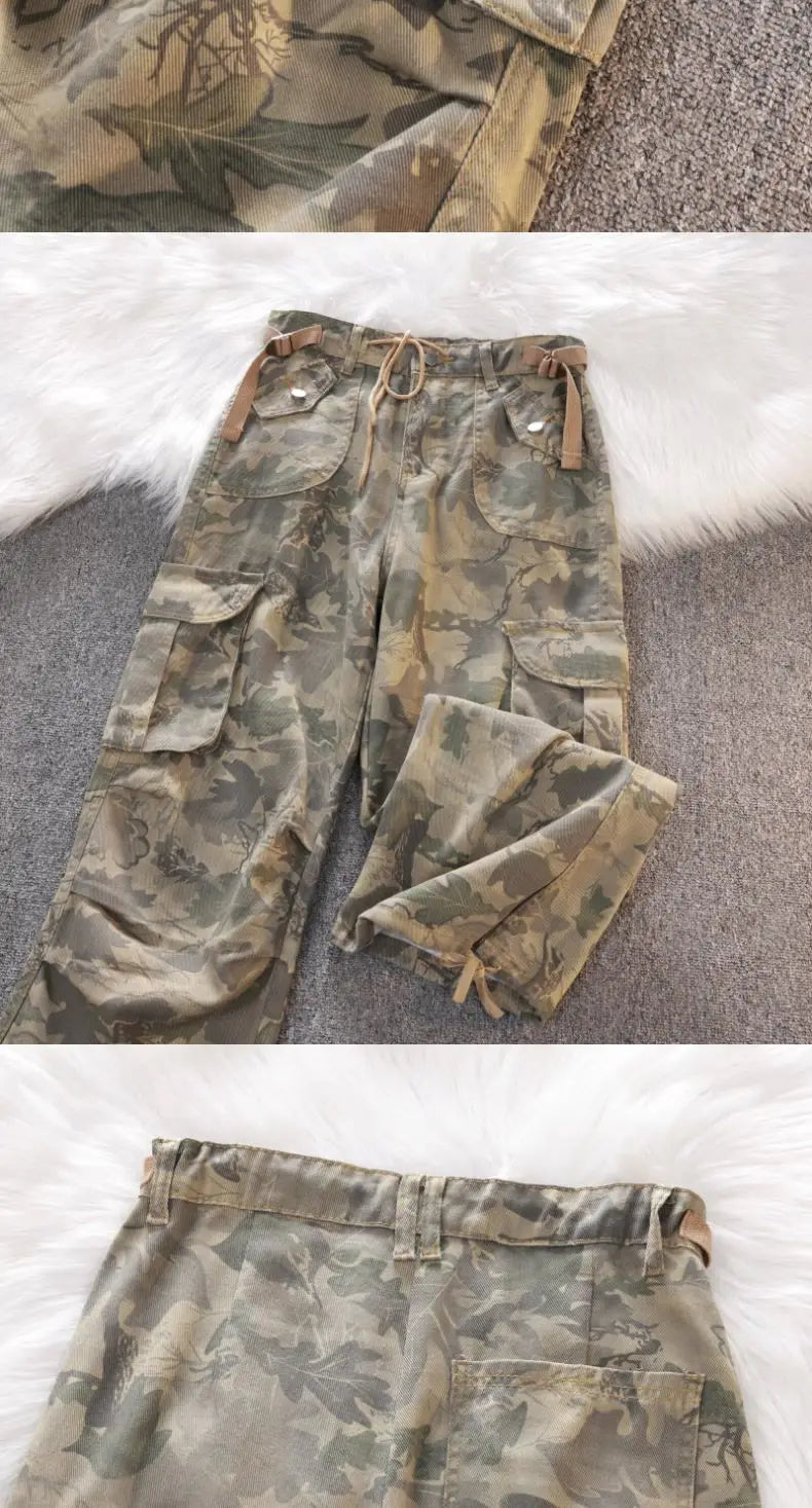Threebooy Gothic Harajuku American Camouflage Drawstring Casual Trousers Leaf Pattern High Street Hip Hop Y2k Straight Leg Wide Leg Pants