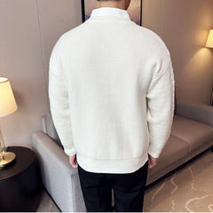 Threebooy Fake 2 Pieces Shirt Neck Knit Sweaters/Men Slim Fit Keep Warm in Winter Jacquard Pattern Pullover/Man High Quality Sweaters 3XL