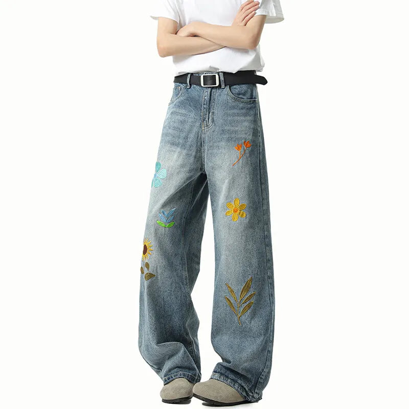 Threebooy Jeans Men Washed Embroidered Jeans Loose Fit Straight Wide Leg Casual Denim Pants Fashion Trendy Streetwear Trousers Comfort