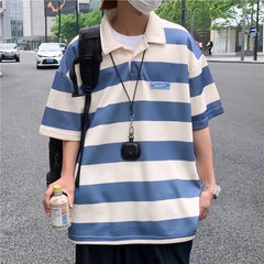 Threebooy Contrast Color Striped Polo Shirt Summer All-match Fashion Trend Casual Polo T-shirt Loose Short-sleeved Lapel Men's Clothes Oversize