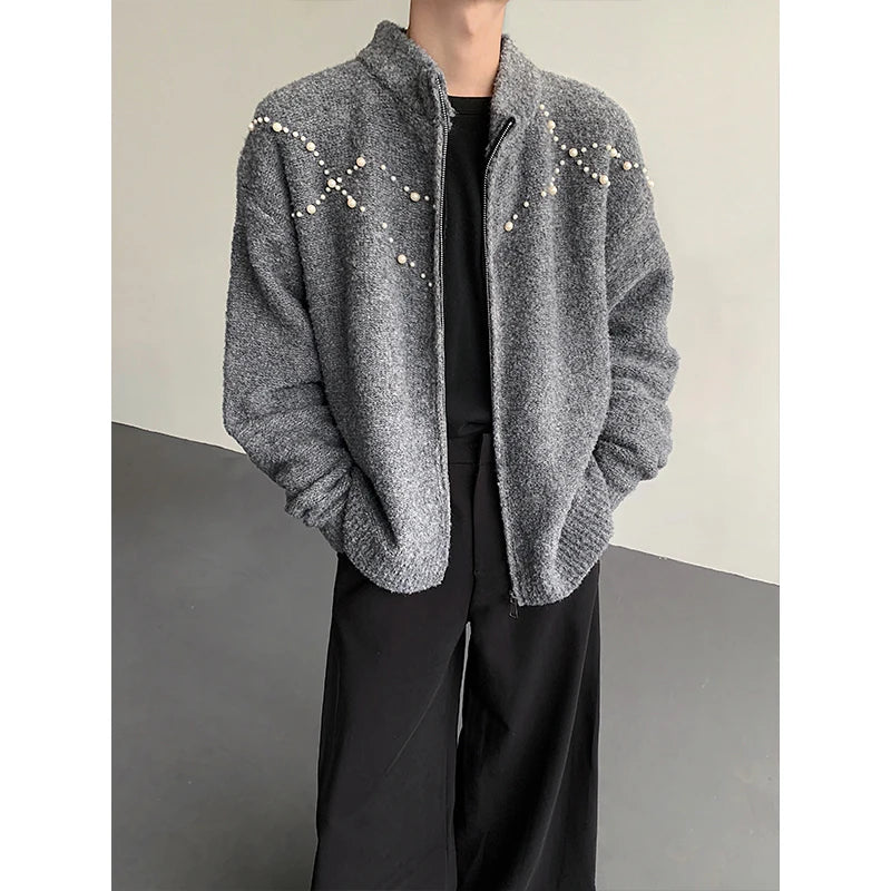 Threebooy Men's cardigan knitted sweater Winter New Style Winter warm knitted jacket Personalized Trend Pearl decoration cardigan sweater