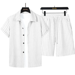 Threebooy  New Casual Men's Shirts Sets Summer Leisure Breathable Loose Short Sleeve Striped Shirt for Men Outdoor Fashion Button Lapel Top(Two-Piece Set)