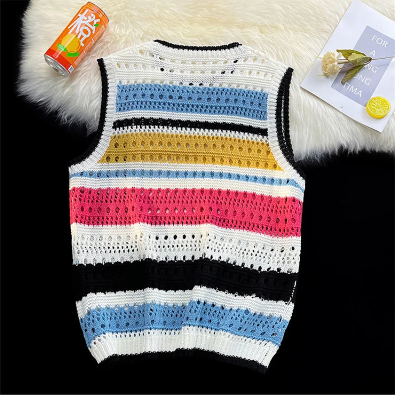 Threebooy Contrast Striped Hollowed Out Knit Tank Top Men's Oversize Summer Japanese Outerwear Layered Bf Couple Knitwear Sleeveless Top